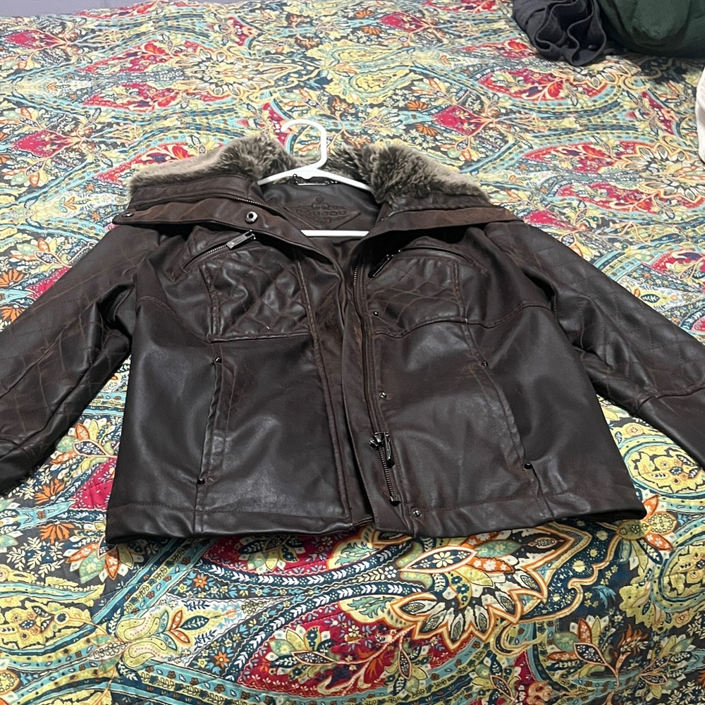 Brown faux Leather Jacket with Fur Collar